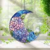 Crescent Moon Hydrangea Acrylic Suncatcher, Stained Glass Style Blue Purple Floral Window Hanging, Garden Flower Home Decor Gift